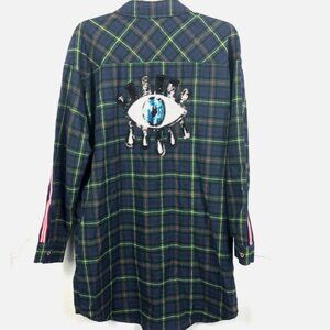 The Nu Vintage Button Up Shirt Size Medium Plaid Long Sleeve Tunic Sequin Eye